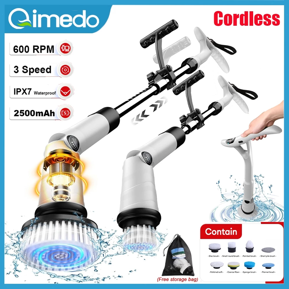 Qimedo ไร้สายไฟฟ้า Spin Scrubber 2500mAh Rechagerable แปรงทําความสะอาดไฟฟ้าแปรงทําความสะอาดฝักบัว 8 