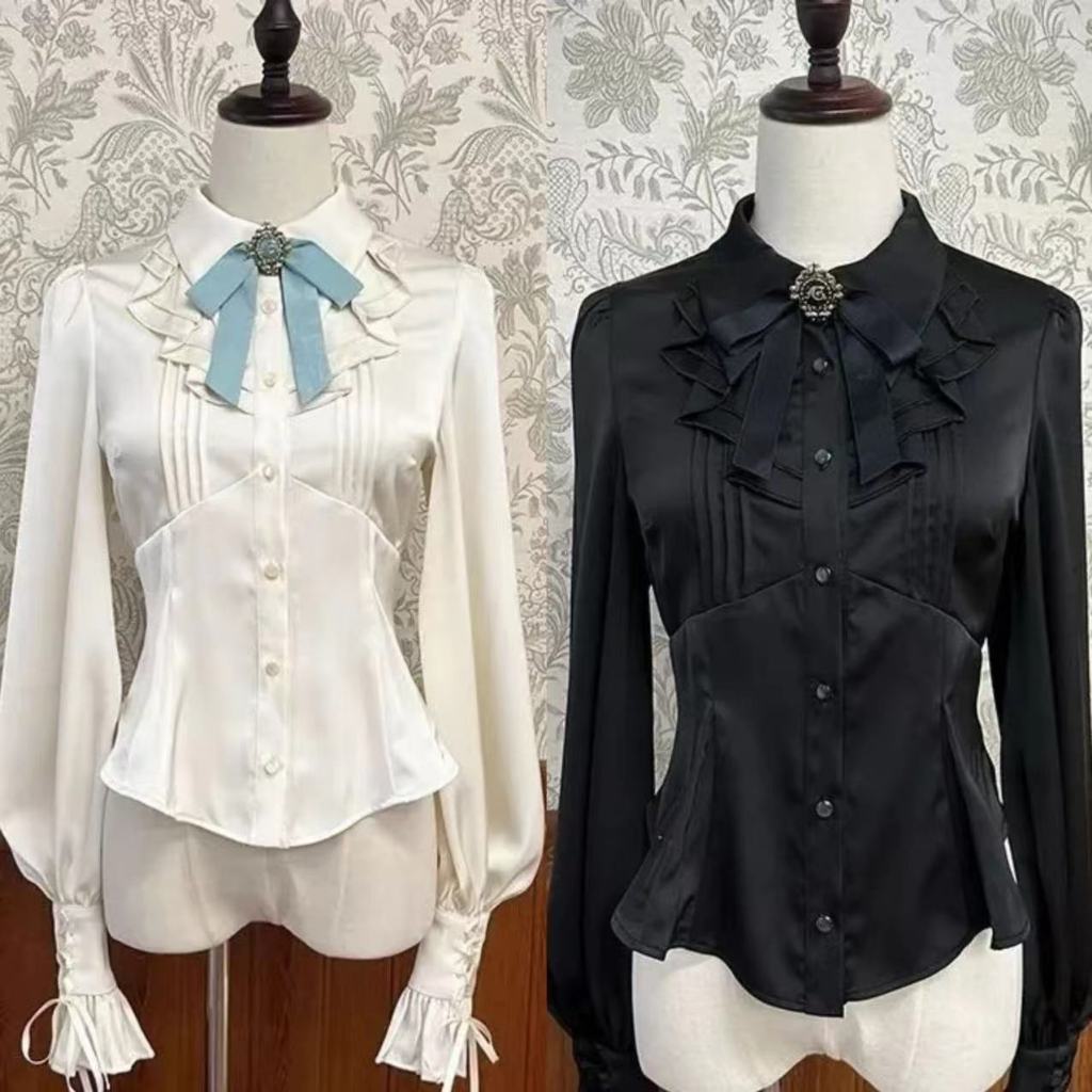 เสื้อโลลิต้าญี่ปุ่นด้านบนแขนยาวโบว์รอบคอเสื้อหวาน