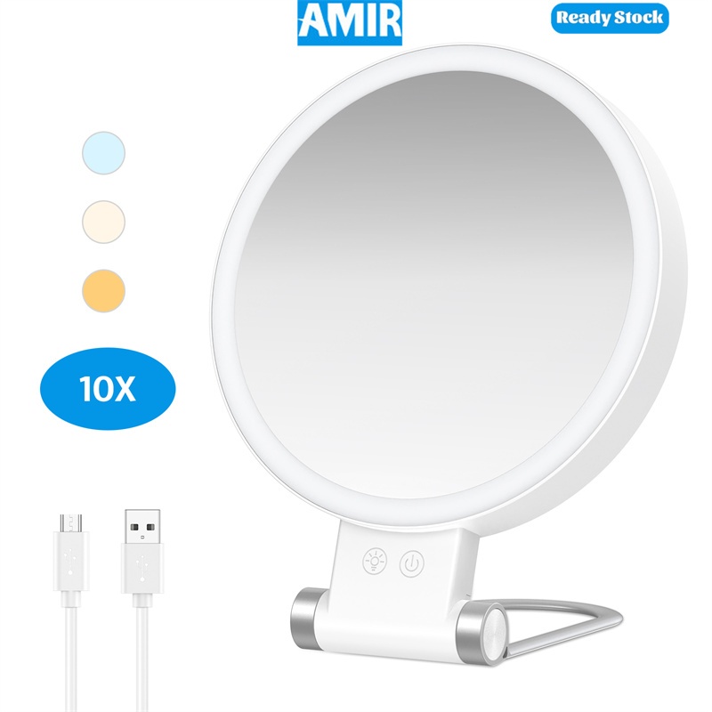 Amir กระจกแต่งหน้าแบบชาร์จไฟได้ 1X/10X แว่นขยายกระจกแต่งหน้าแบบพกพาพร้อมไฟ 3 สี