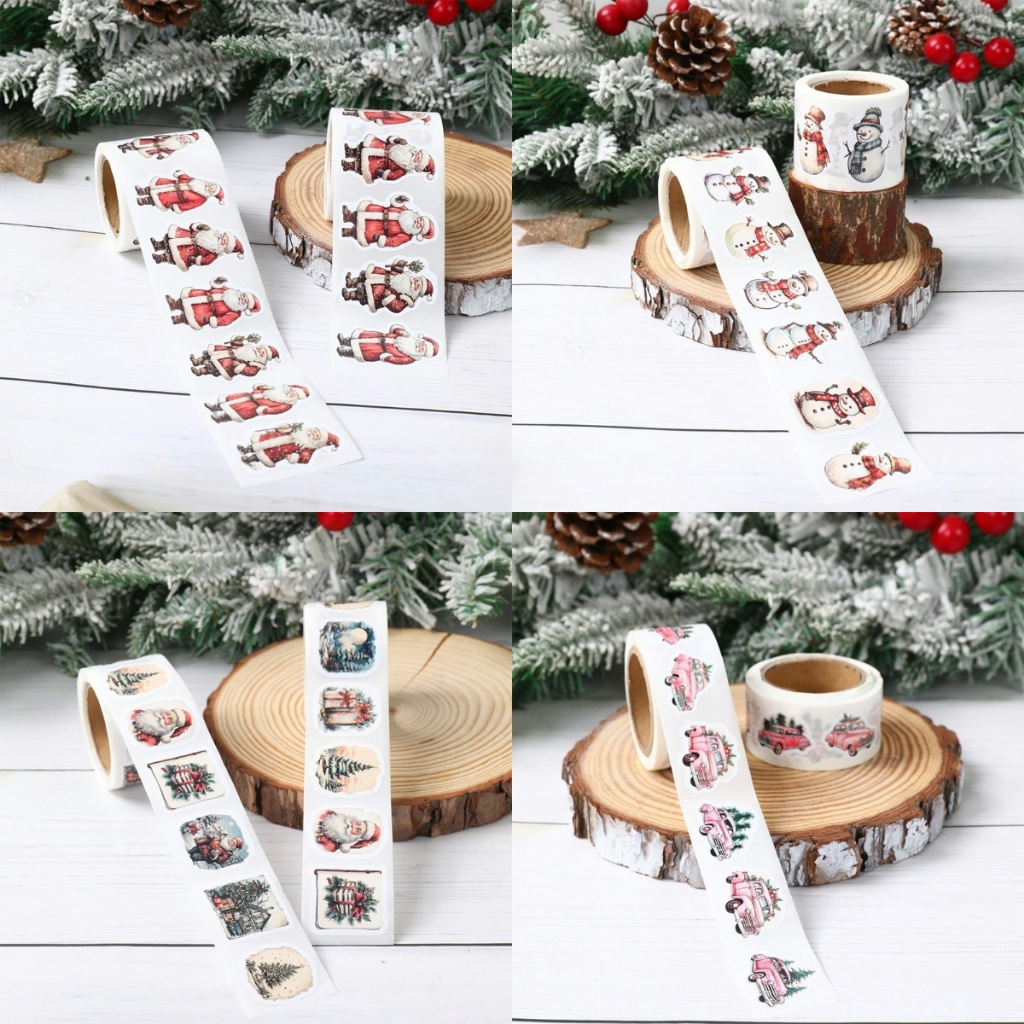 Snowman Santa Claus รอบสติกเกอร์ Retro คริสต์มาสสติกเกอร์ต้นคริสต์มาสออกแบบสติกเกอร์กาวคริสต์มาส Ideal ของขวัญ Wrapper Xmas Decor