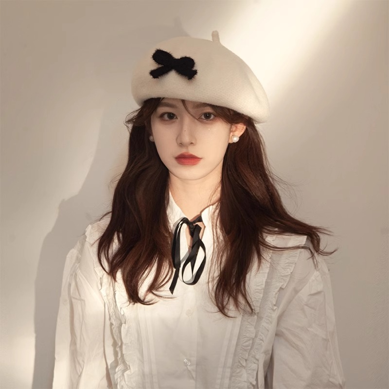ญี่ปุ่นฤดูใบไม้ร่วงฤดูหนาว Retro All-Match Plush Bow Beret เวอร์ชั่นเกาหลี Influencer สไตล์หญิงอินเทรนด์อังกฤษ Beret จิตรกรหมวก