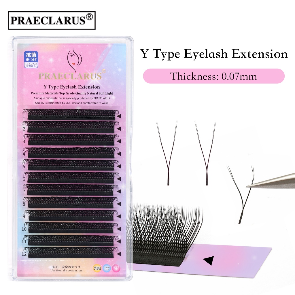 PRAECLARUS ขนตาปลอมทรง Y ความหนา 0.07 มม. วัสดุพรีเมี่ยม ปลายคู่แบบทอด้วยมือ ขนมิงค์ธรรมชาติ นุ่ม ขนตาปลอมทรง YY ขนาดเล็ก อุปกรณ์แต่งหน้า