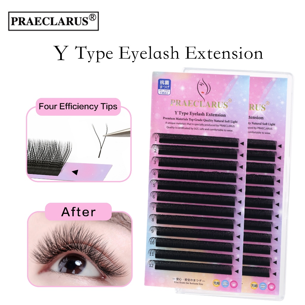 PRAECLARUS ขนตาปลอม ชนิด Y เนื้อแมตต์ หนา 0.07 มม. วัสดุพรีเมี่ยม ทอมือ ปลายคู่ ขนมิงค์ ตาข่าย รูปตัว YY ต่อขนตา เบา นุ่ม ธรรมชาติ