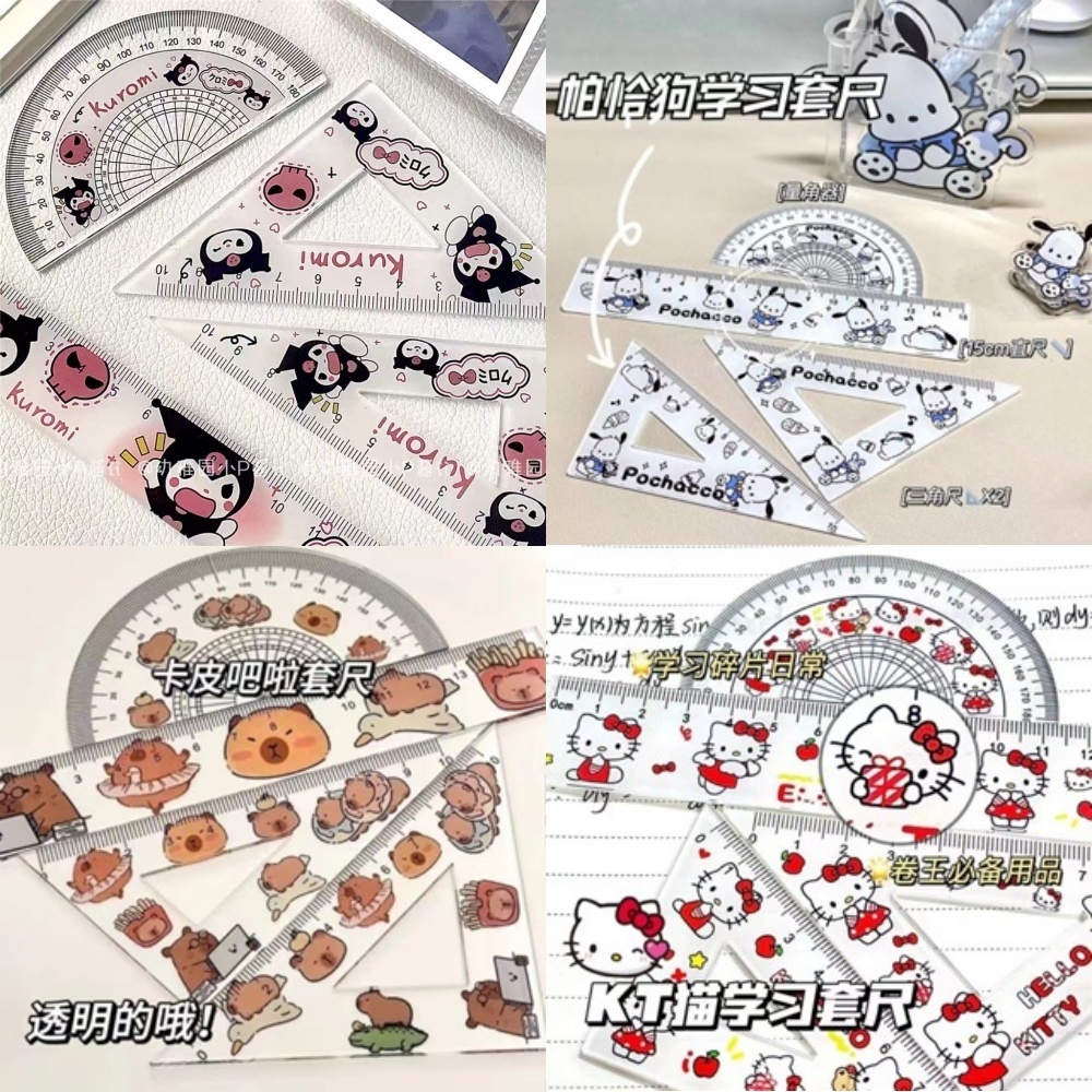 4ชิ้น/เซ็ตการ์ตูนน่ารักไม้บรรทัดชุด15เซนติเมตรสามเหลี่ยมไม้โปรแทรกเตอร์เครื่องมือร่างสํานักงานนักเรียนเครื่องเขียน