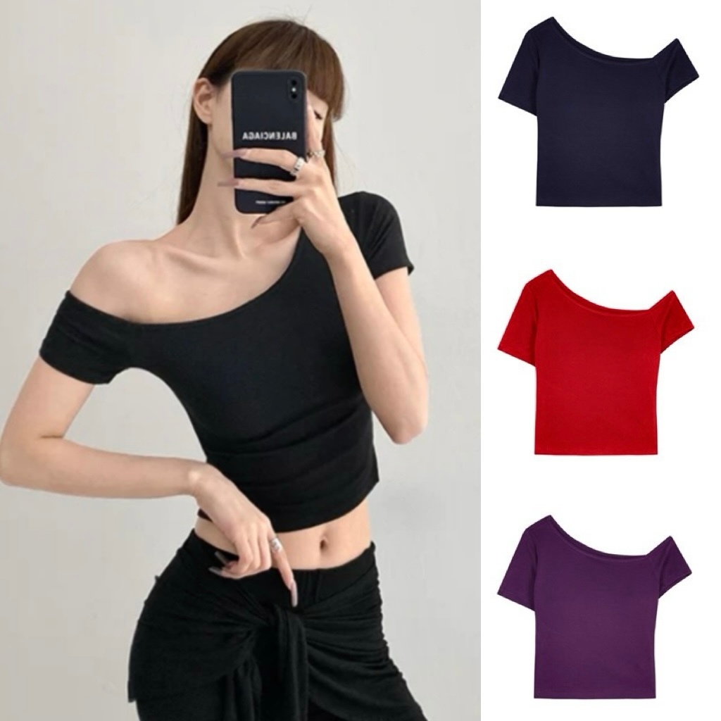เสื้อครอปแฟชั่นสตรีปิดไหล่บาง【T68】