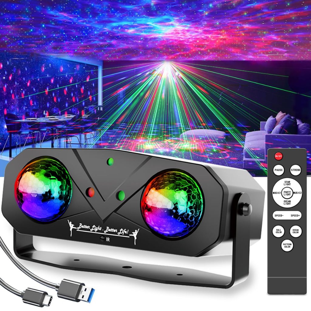 Laser + Led + น้ํา120 รูปแบบ Party Light Disco Ball Light Dj Light Ocean Light Star Light โปรเจคเตอร์เต้นรําแสงเสียงเปิดใช้งานกับรีโมทคอนโทรล Stage Light สําหรับ Christma