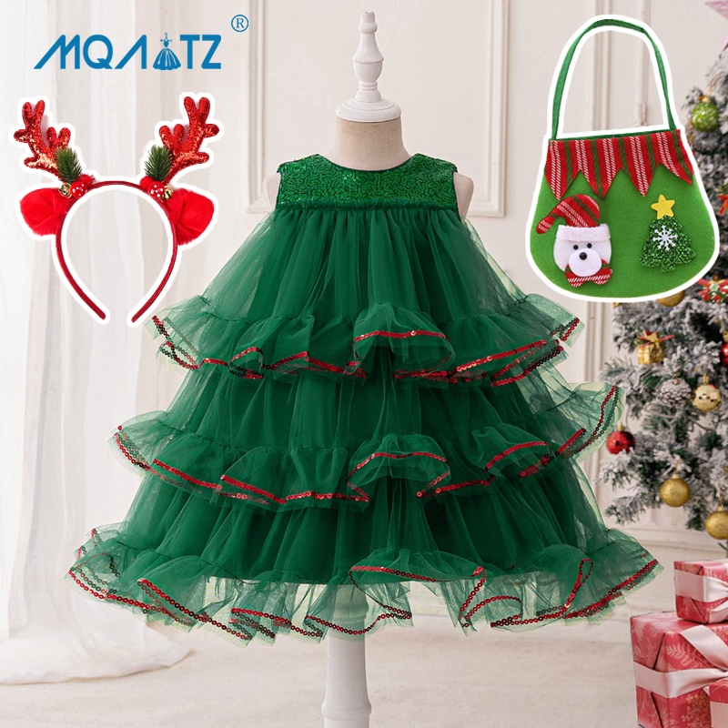 Mqatz สีเขียวคอสเพลย์ชุดคริสต์มาสปุยชุดเจ้าหญิงลูกไม้พรรคเสื้อผ้าแขนกุดสาวเครื่องแต่งกาย SD088