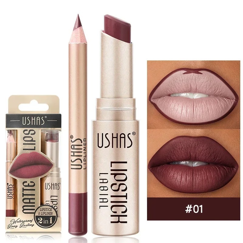 2 In 1 ชุดลิปสติก Lip Liner ดินสอ Make-up สําหรับผู้หญิงกันน้ํายาวนานเครื่องสําอางแต่งหน้า Matte Lip Gloss Tint Stain