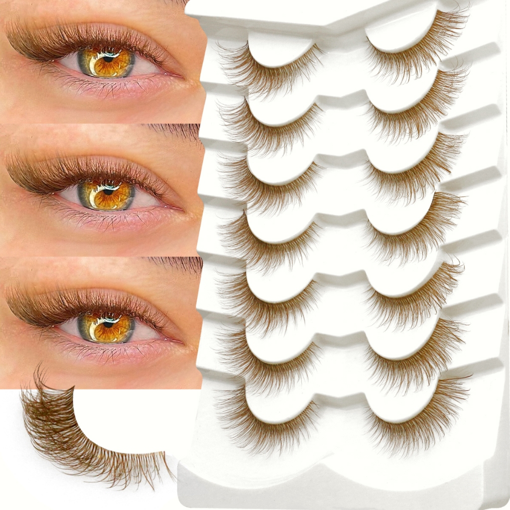 Groinneya ขนตาสีน้ําตาล 7 คู่ธรรมชาติปลอมขนตา Clear Band ธรรมชาติ Fox Elongated Eye ขนตาแต่งหน้า