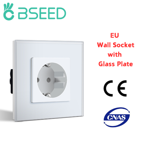 Bseed EU ซ็อกเก็ตมาตรฐาน, 1 ทาง, เดี่ยว, ขายึดติดผนังแบบฟลัชพร้อมสายเคเบิลดิน, กล่องติดตั้งง่าย, แผ่นแก้วคริสตัล, 16 แอมป์, 250V, 86 มม.