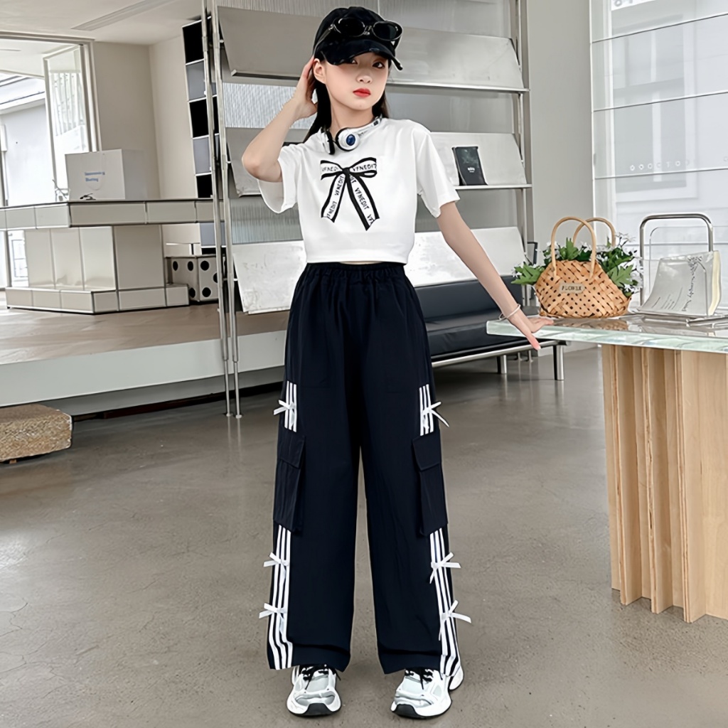 honeywears⚡️พร้อมส่ง⚡️กางเกงคาร์โก้เด็กผู้หญิงแฟชั่น ขายาว เอวยางยืด ขากว้างลำลอง สไตล์เกาหลี ฤดูร้อน ไซส์ 120-160 - รูปที่ 3