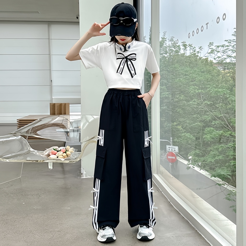 honeywears⚡️พร้อมส่ง⚡️กางเกงคาร์โก้เด็กผู้หญิงแฟชั่น ขายาว เอวยางยืด ขากว้างลำลอง สไตล์เกาหลี ฤดูร้อน ไซส์ 120-160 - รูปที่ 2