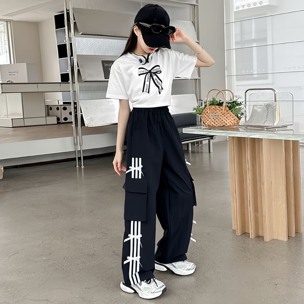 honeywears⚡️พร้อมส่ง⚡️กางเกงคาร์โก้เด็กผู้หญิงแฟชั่น ขายาว เอวยางยืด ขากว้างลำลอง สไตล์เกาหลี ฤดูร้อน ไซส์ 120-160 - รูปที่ 5