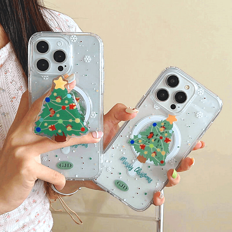 เคส Creative Christmas Tree Stand PC Bracket Gift For Samsung Galaxy S24 S23 Ultra S22 S21 FE S20 S22+ S23+ Note 10 20 Plus 10+ Magnetic Attraction Cute Cartoon White Snowflake Foldable Anti-drop Soft Phone Case CXK 05