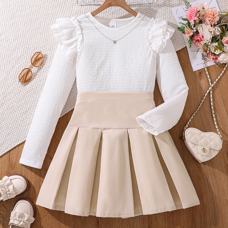 Siyyis 2 ชิ้นสองชิ้นสีทึบสาวฤดูใบไม้ร่วงฤดูร้อนสไตล์ชุด Comfy Casual Ruffle เสื้อยืดแขนยาว & กระโปรงเอวสูง Fit สําหรับออกไป