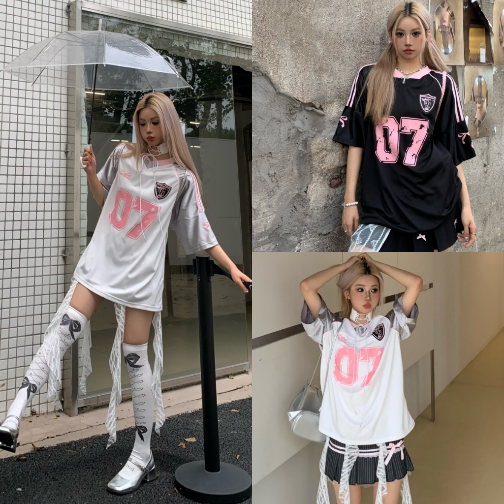 Bella Shop เสื้อยืดแขนสั้นพิมพ์ลายสไตล์สปอร์ตสตรีทอเมริกัน ฮิปฮอปย้อนยุค สำหรับผู้หญิงในฤดูร้อน