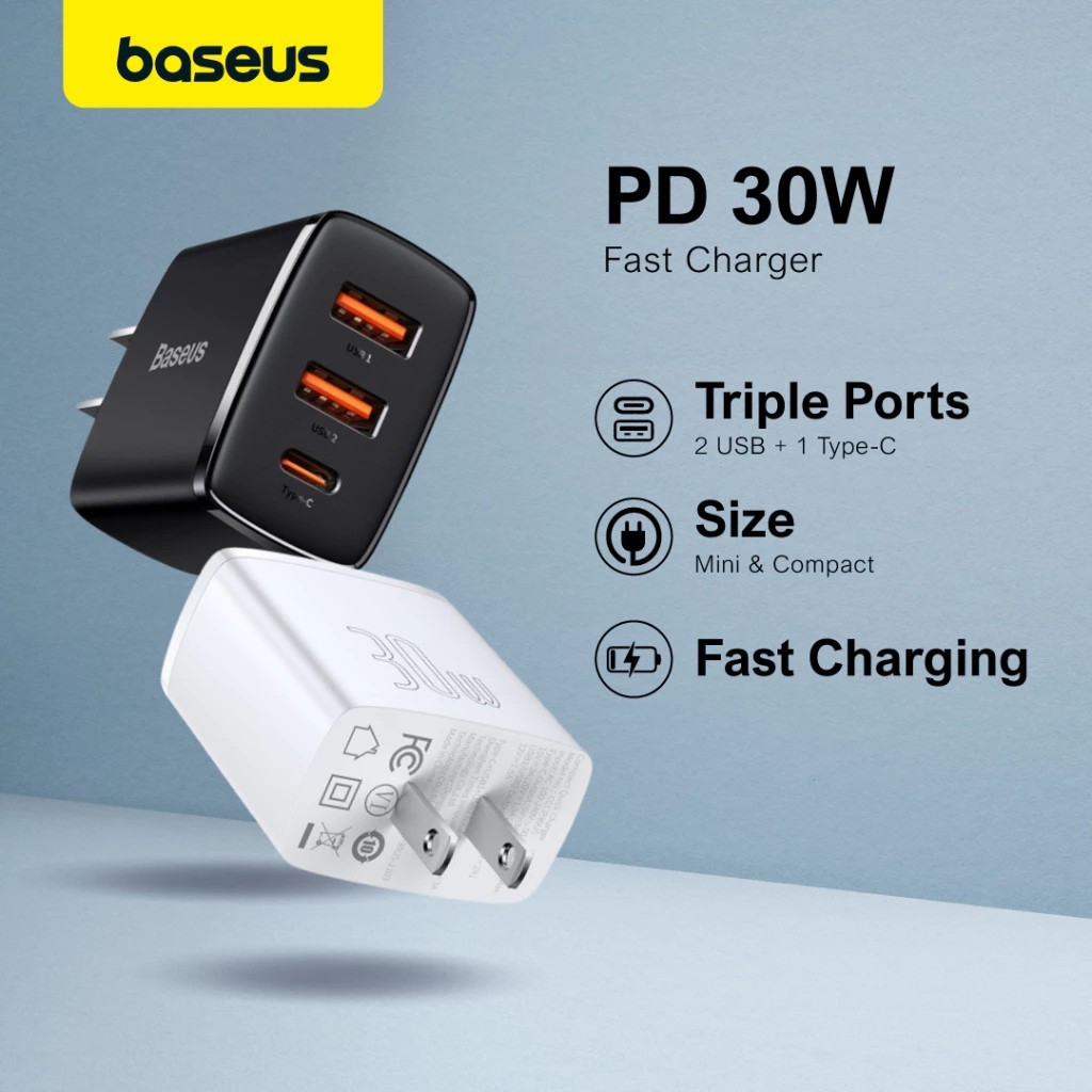 Baseus ที่ชาร์จ USB 20W 30W ปลั๊ก EU US UK Type C Dual USB QC3.0 PD3.0 สําหรับ iphone 12 Samsung Xiaomi