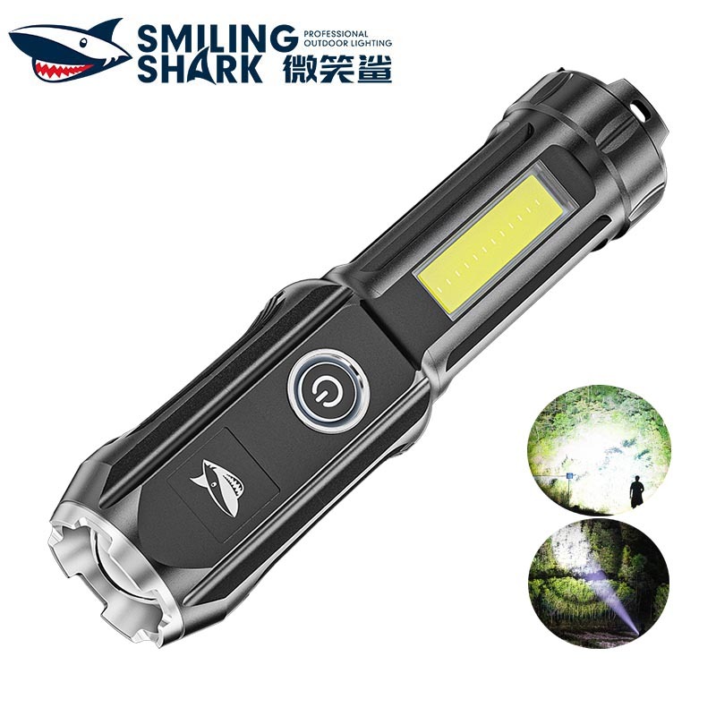 SmilingShark 622E ไฟฉาย led พร้อมไฟด้านข้างแบบ COB คบเพลิง ซุปเปอร์ไบรท์ ซูมได้ 4โหมด ชาร์จ USB ได้ ขนาดพกพา กันน้ำสำหรับการตั้งแคมป์เดินป่าของขวัญในครัวเรือนทำงาน