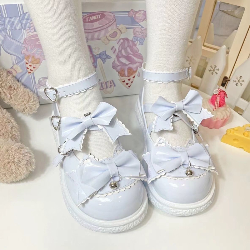 Lolita น่ารักนุ่มสาว Preppy ชุดรองเท้าหนัง Mary Jane Bow Big Toe รองเท้า