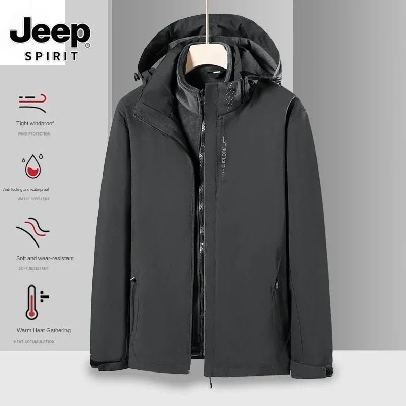 Jeep SPIRIT 3-in -1 Snow Wool Jacket ผู้ชายกีฬากลางแจ้งกันน้ําที่ถอดออกได้ Liner Windbreaker ผู้หญิงฤดูหนาว Warm Camping เดินป่า Parka