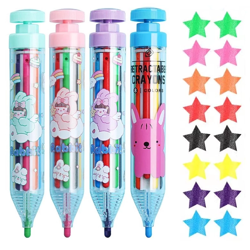 8 in 1 ดินสอสีหลากสี Kawaii ดินสอสีแบบพับเก็บได้งานฝีมือศิลปะ DIY Graffiti วาดภาพวาดปากกาหมุนน้ํามันดินสอเครื่องเขียนโรงเรียนอุปกรณ์สํานักงาน