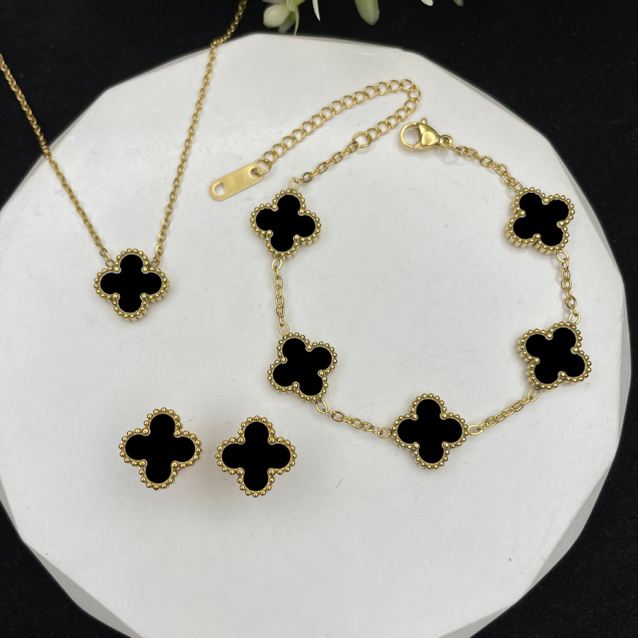 สี่ใบโคลเวอร์18K สร้อยข้อมือนำโชคสองด้านสร้อยข้อมือแฟชั่นสร้อยข้อมือแบบใหม่หรูหราเบาประณีต Fritillaria Clover สร้อยข้อมือสร้อยคอชุดต่างหู