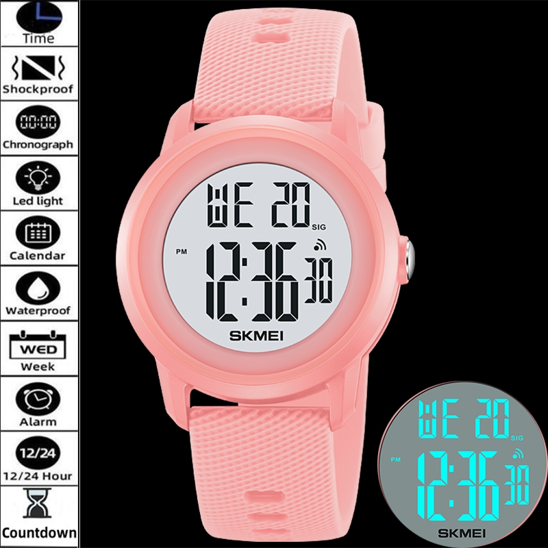 SKMEI สมี สตรีนาฬิกาดิจิตอลสายซิลิโคนอ่อนนุ่ม 5 บาร์กันน้ํา นํา โครโนกราฟนาฬิกาจับเวลาแฟชั่นเลดี้กีฬานาฬิกาปลุก