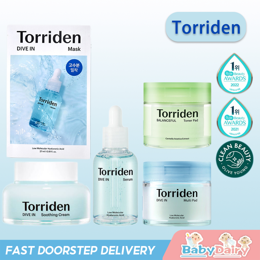 Torriden Dive In Soothing Cream ครีมบำรุงผิวหน้าให้ความชุ่มชื้น 100 ml ครีมบำรุงให้ความชุ่มชื้นอย่างล้ำลึก [10 แผ่น] Torriden Dive Torriden Dive Hyaluronic Acid Mask หน้ากากกรดไฮยาลูโรนิก DIVE IN Serum Low Molecule Hyaluronic Acid 50ml