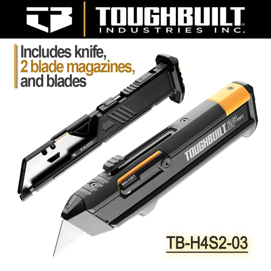 Toughbuilt TB-H4S2-03 มีดยูทิลิตี้แบบพับเก็บได้สําหรับงานหนัก + แม็ก 2 ใบมีดสําหรับกล่อง, กระดาษแข็งและกล่อง
