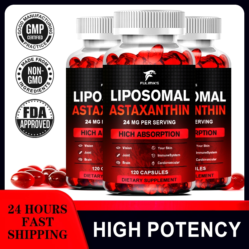 Liposomal Astaxanthin อาหารเสริม 24MG, การดูดซึมสูงสุด, สารต้านอนุมูลอิสระแรงกว่า VIT C, Non-GMO & Gluten Free - 120 ซอฟท์เจล