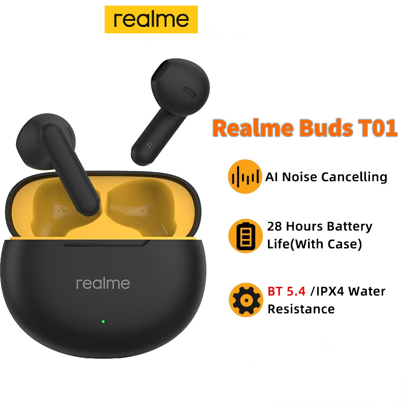 Realme Buds T01 หูฟังไร้สาย True AI ตัดเสียงรบกวนหูฟัง TWS บลูทูธ 5.4 28 ชั่วโมงอายุการใช้งานแบตเตอร