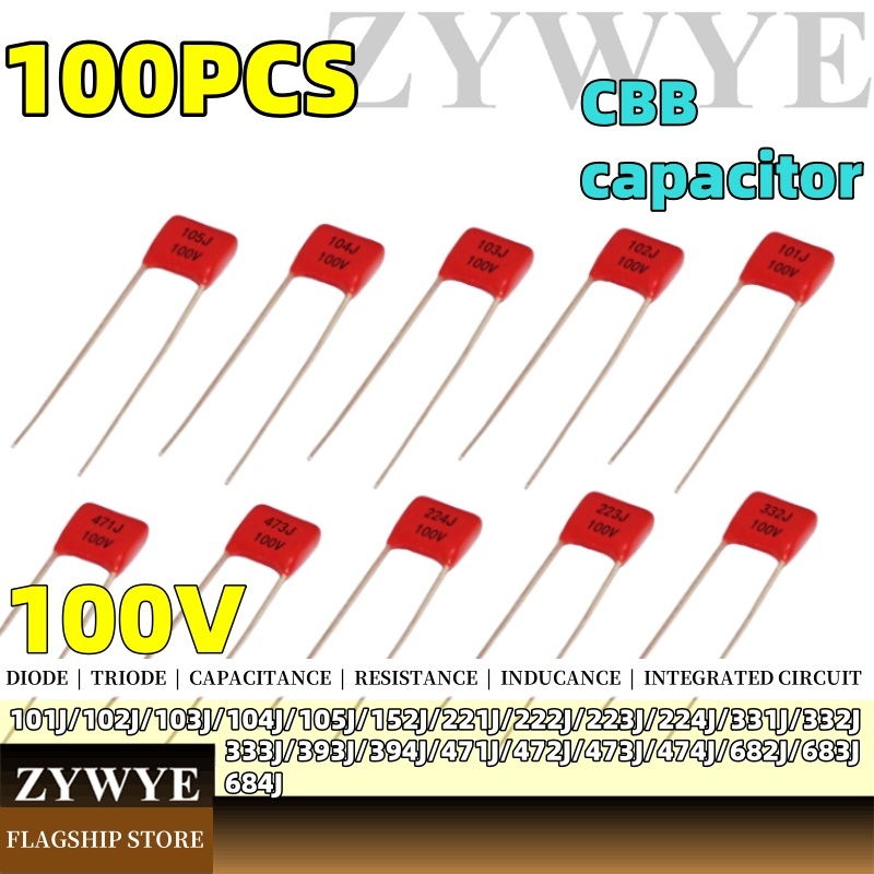 100pcs ตัวเก็บประจุ CBB 100V 101J 102J 103J 104J 105J 222J 222J 224J 331J 332J 333J 394J 471J 473J 4