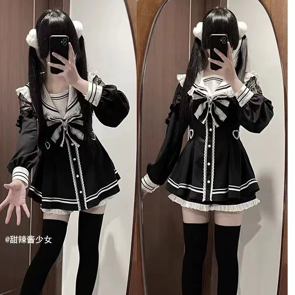 สาวญี่ปุ่นลูกไม้เย็บปะติดปะต่อกันสลิมฟิตชุดกองทัพเรือปกโบว์วิทยาลัยสไตล์เอวสูงลูกไม้กางเกงขาสั้นสองชิ้นชุดสําหรับสาวสไตล์แลนด์จิราย ที่ไหน