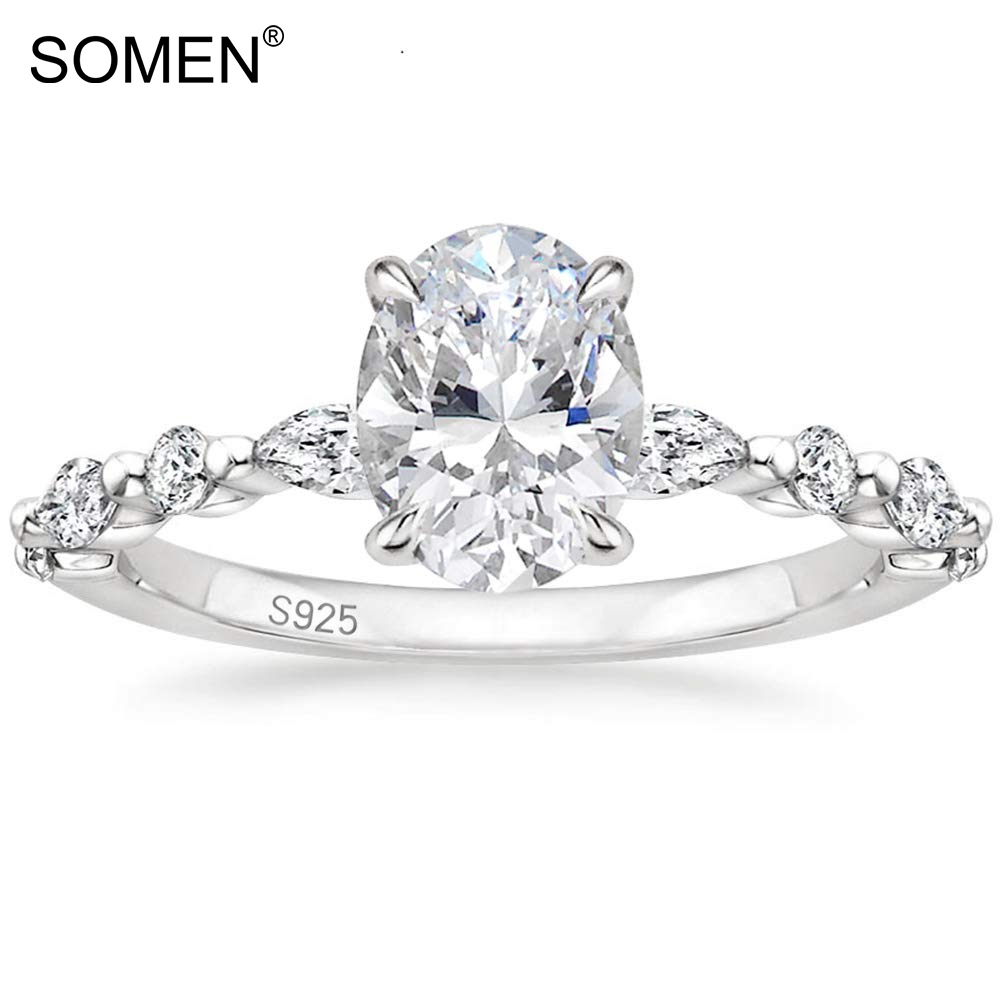SOMEN 925 แหวนเงินแท้รูปไข่ตัด Cubic Zirconia แหวนหมั้น Solitaire Halo Promise แหวนผู้หญิงขนาด 4-10
