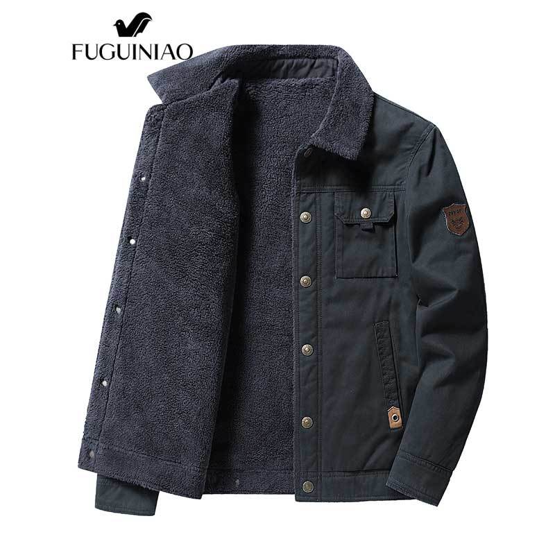 ฟูเกียว เสื้อแจ็คเก็ตฤดูหนาวสําหรับผู้ชายที่อบอุ่นหนาและลําลองเพิ่มขนแกะสําหรับว