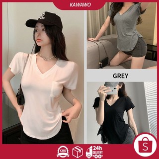 Woman Casual Plain V Neck Front Pocket T-Shirt Plus Size for Women(Grey/White/Black)