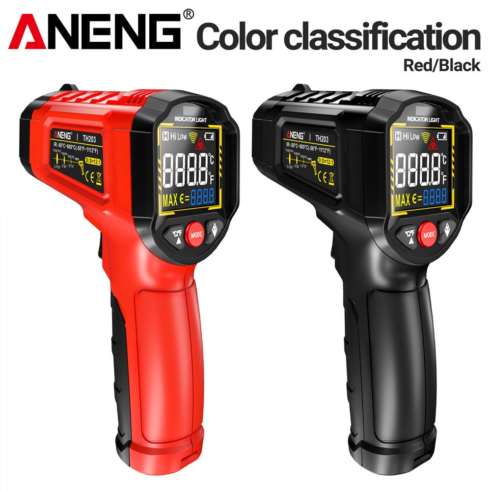 Aneng TH203 เครื่องวัดอุณหภูมิอินฟราเรดอุตสาหกรรมอัจฉริยะ -50~600℃ อุณหภูมิปืน VA เครื่องวัดหน้าจอสีย้อนกลับ Pyrometer เครื่องมือ