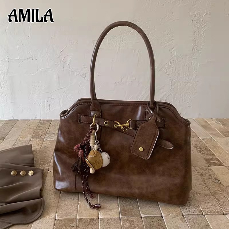 Amila ความจุขนาดใหญ่ Maillard Retro Lazy Sense อเนกประสงค์แบบพกพา Commuter Tote กระเป๋าสะพาย