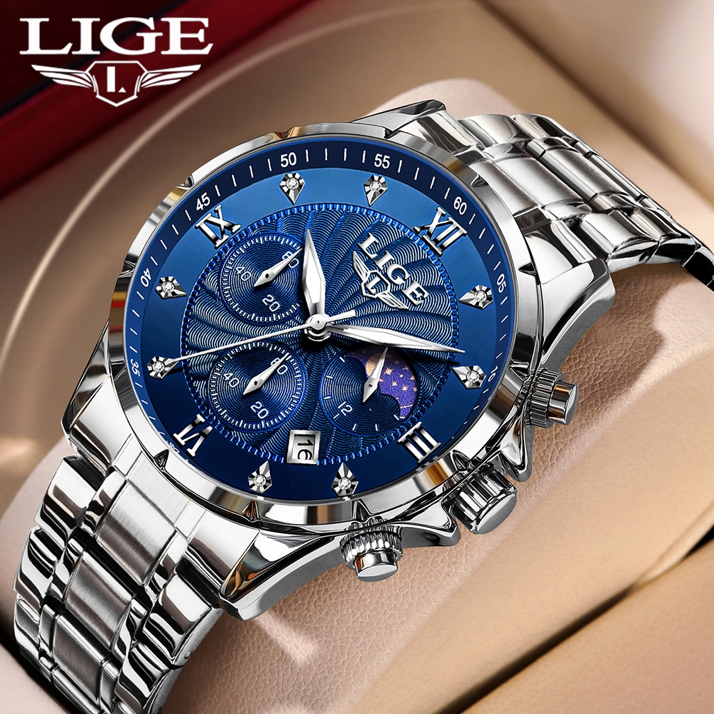 แค่ นาฬิกาแฟชั่นผู้ชายเดิมกันน้ําควอตซ์เหล็กปฏิทินส่องสว่างนาฬิกาข้อมือลําลอง