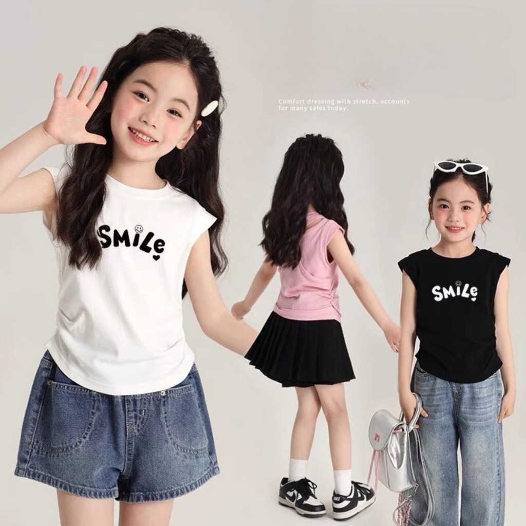 1-12 ปีผ้าฝ้ายเสื้อแขนกุดสําหรับเด็กผู้หญิงสไตล์เกาหลีน่ารักพิมพ์ลายออกแบบเสื้อลําลองแฟชั่นสําหรับเด็ก