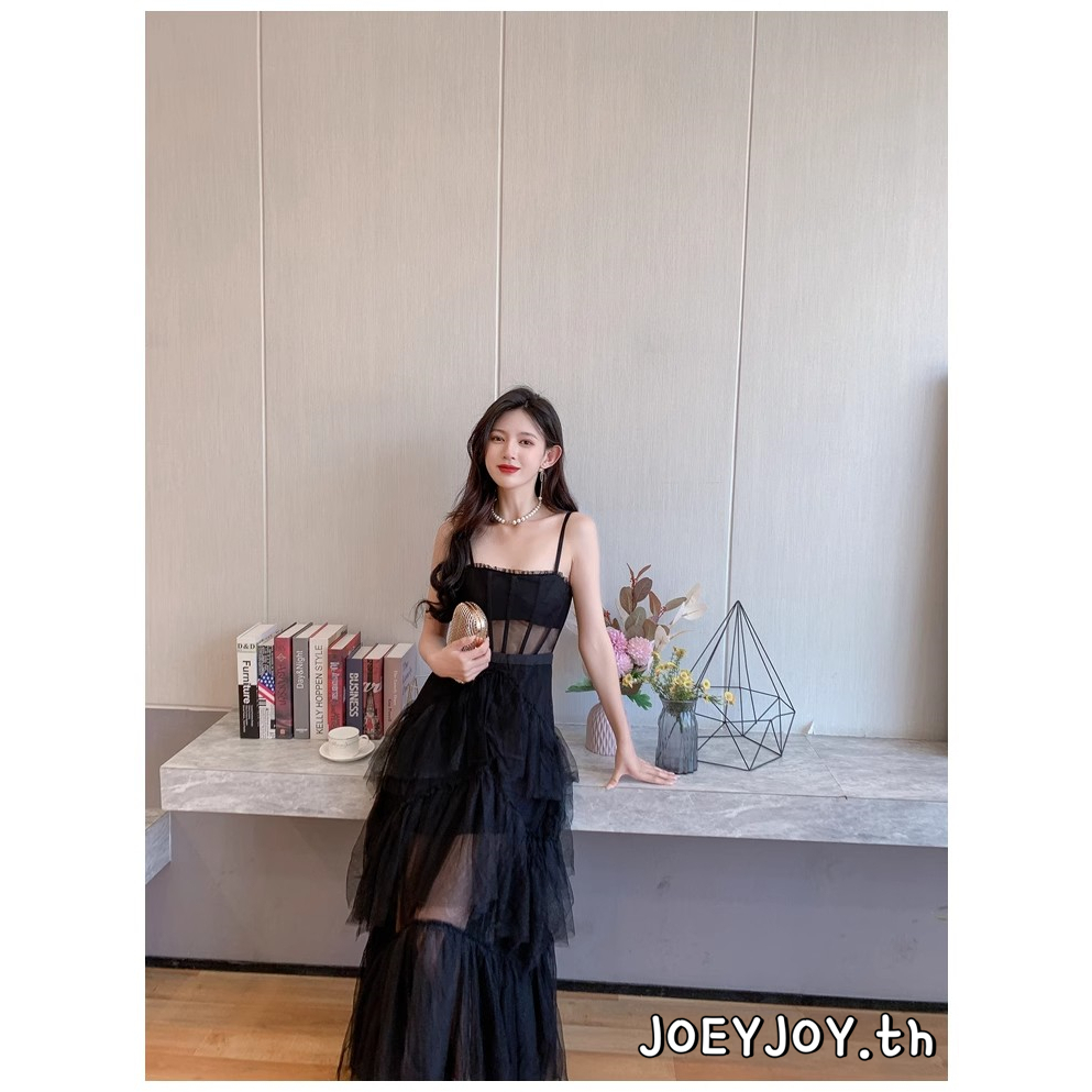 Joeyjoy-ชุดเดรสยาวแขนกุดผ้าทูลสำหรับผู้หญิง แต่งระบายชายหลายชั้น สำหรับงานสังสรรค์ช่วงฤดูร้อน