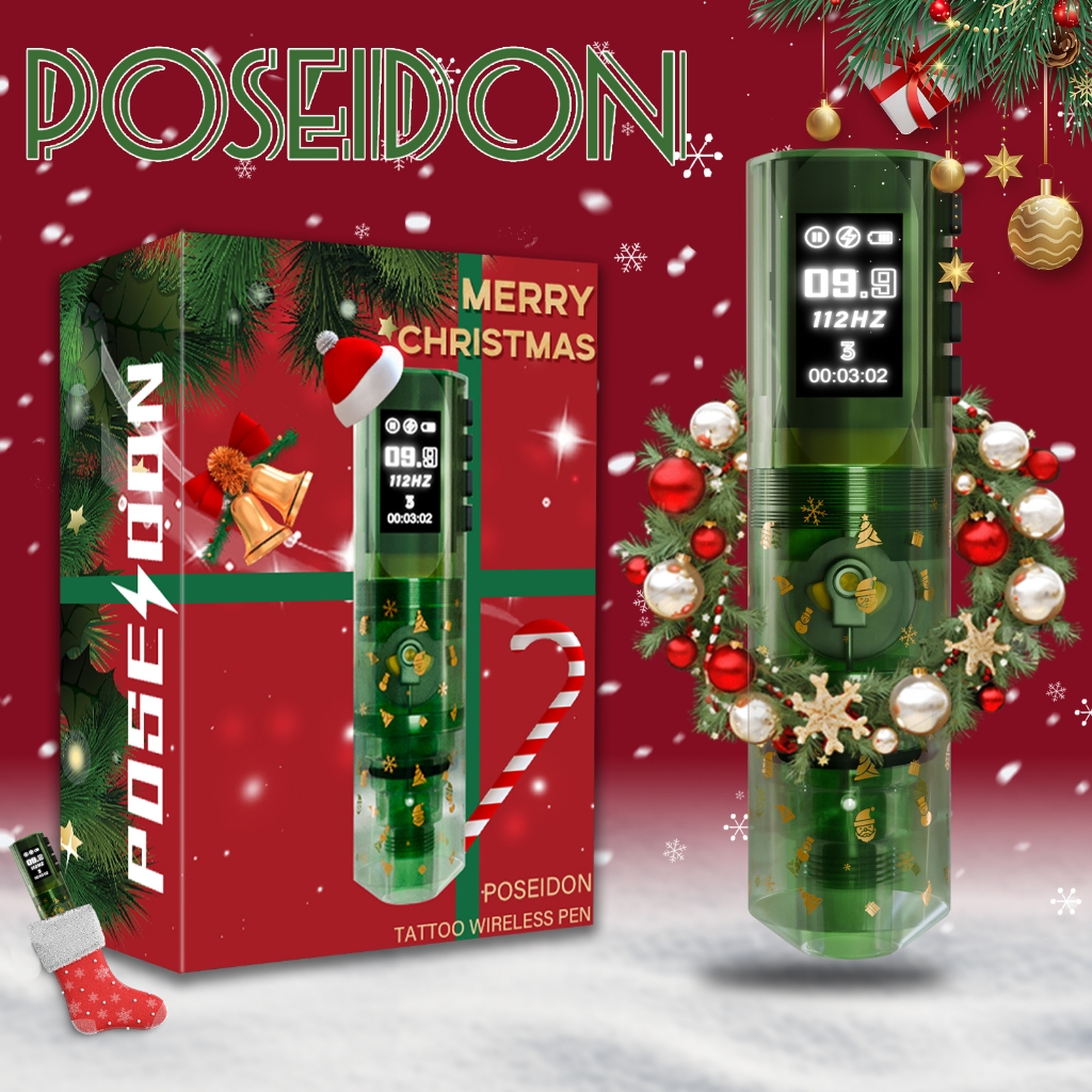Poseidon 2024 Christmas Tattoo Pen- เครื่องสักพร้อมแหล่งจ่ายไฟไร้สาย 1500mAh, เครื่องสักโรตารีและอุปกรณ์สักสําหรับศิลปินสัก