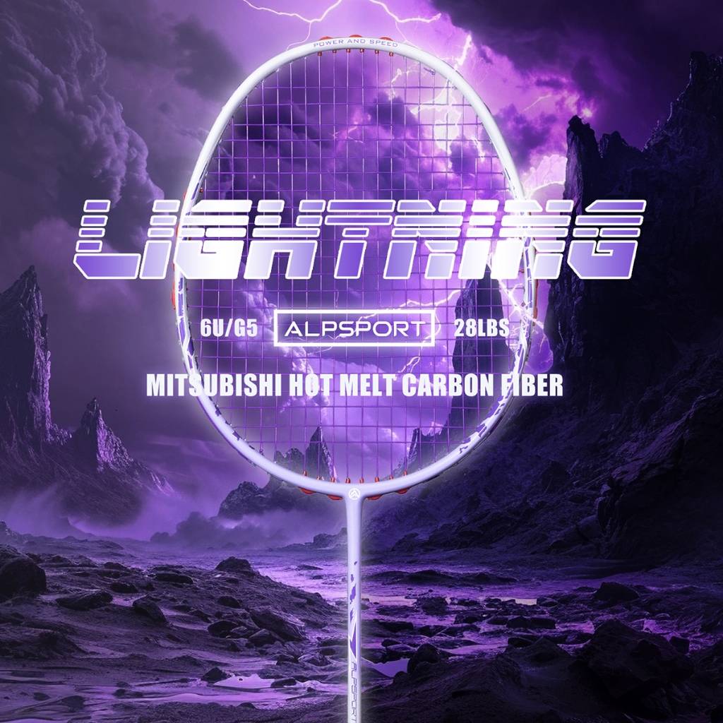 ไม้แบดมินตัน ALP Lightning คาร์บอนไฟเบอร์เต็มรูปแบบ น้ำหนักเบาพิเศษ 6U 28lbs ปอนด์สูง การโจมตีเดี่ยว