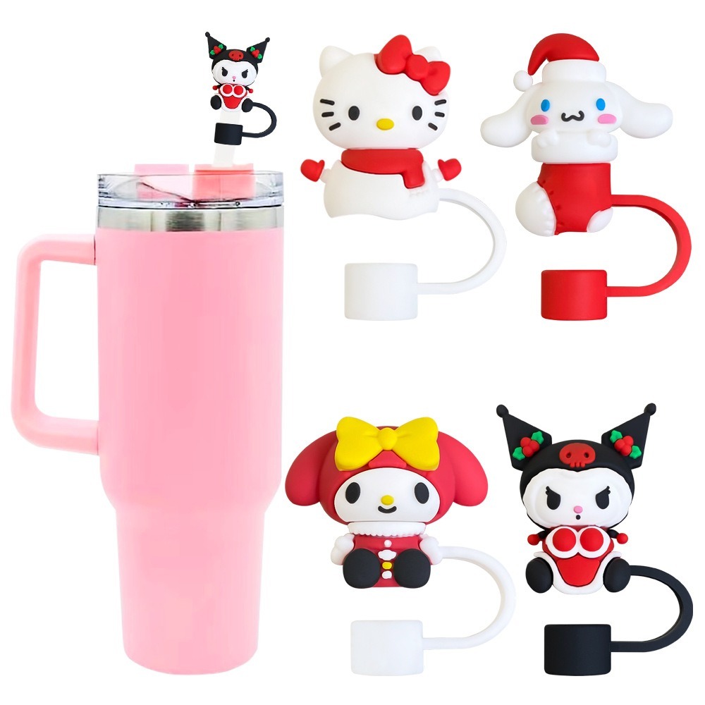 1pcs 10 มม.คริสต์มาส Sanrio ฟางหมวกใช้งานร่วมกับ Stanley 30 & 40 Oz Tumbler ซิลิโคนฟางเคล็ดลับครอบคลุมนํากลับมาใช้ใหม่ดื่มฟาง Protectors หมวก