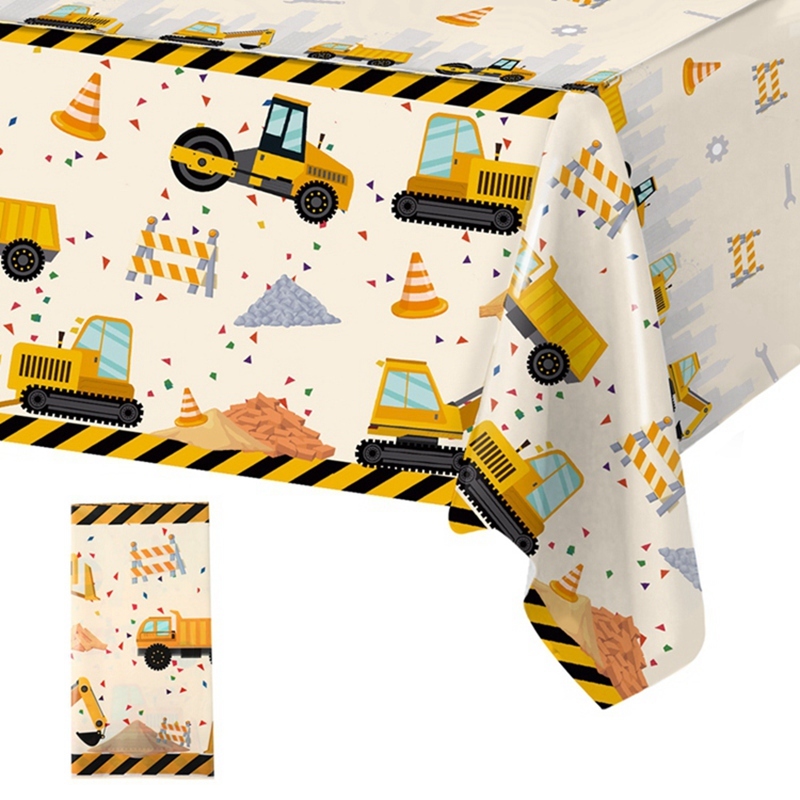 1.3*2.2m วิศวกรรมยานพาหนะผ้าปูโต๊ะ Roadblock Excavator ออกแบบรูปแบบสีเหลืองอ่อนกันน้ําตารางตกแต่งสําหรับเด็กวันเกิดตกแต่ง 2025