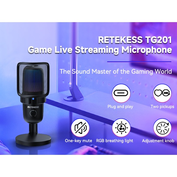 Retekess TG201 ไมโครโฟนสําหรับเล่นเกมไมโครโฟนสตรีมมิ่ง RGB ตัวบ่งชี้ปลั๊กและเล่น Heart-oriented และ 