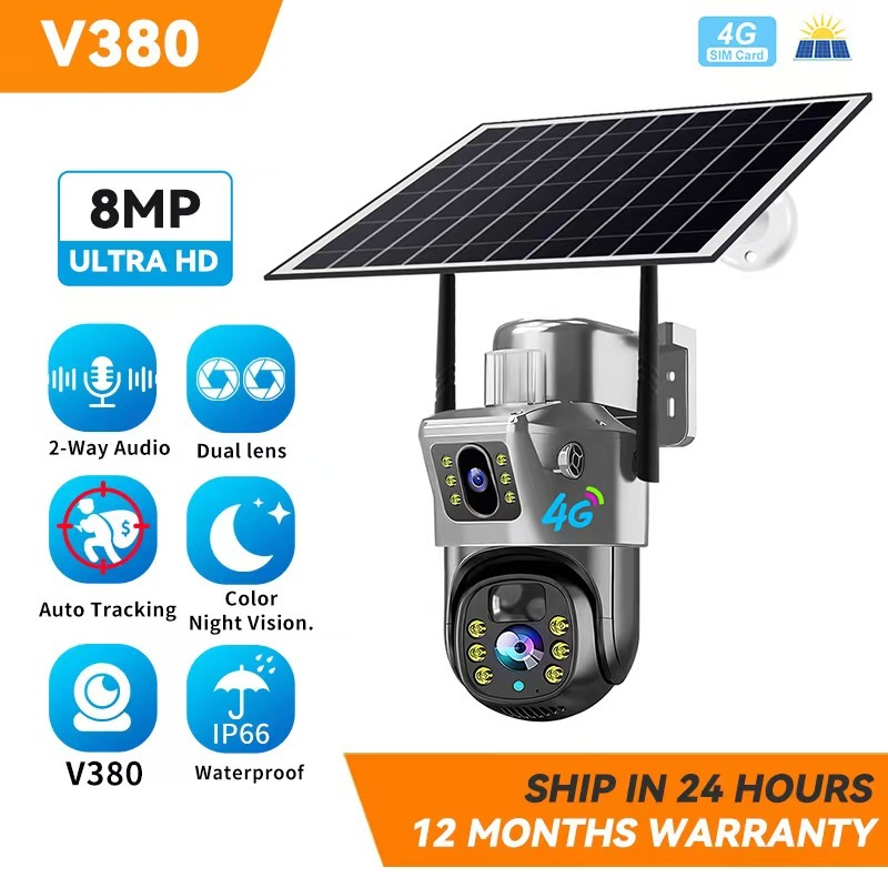 V380 Pro 8MP 4K ซิมการ์ดกล้องวงจรปิดพลังงานแสงอาทิตย์กลางแจ้ง 360 PTZ 10X ซูมกล้องวงจรปิด WIFI กล้องตรวจสอบมือถือ