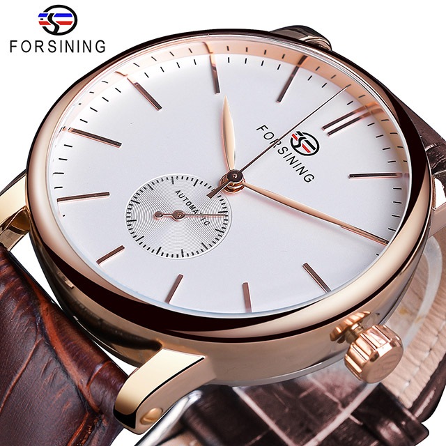 Forsining Mens Casual Mechanical Watch Minimalist Ultra-thin New Fashion Leather Belt Business Sport