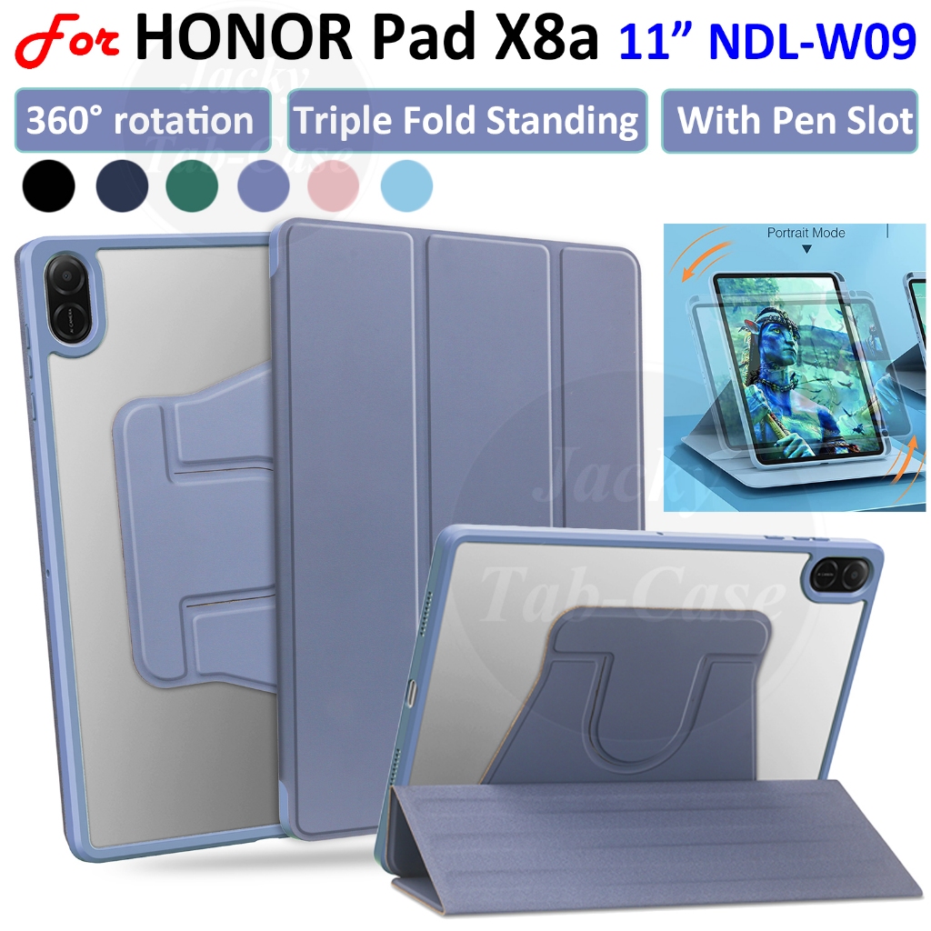 สําหรับ Honor Pad X8a แท็บเล็ต 11 นิ้ว 2024 อะคริลิคโปร่งใสหนัง PADX8A NDL-W09 11.0 "หมุน & Triple พับยืนฝาครอบพร้อมช่องเสียบปากกา
