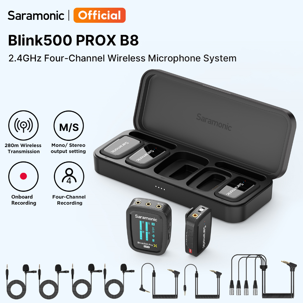 Saramonic Blink500 ProX B8 2.4GHz ระบบไมโครโฟนไร้สายสี่ช่องไมโครโฟนแบบหนีบเสื้อมืออาชีพสําหรับการสัมภาษณ์การบันทึกกล้องสด